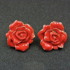 NEW Betty Jo Red Rose Enamel and Gold Large Chunky Stud Earrings